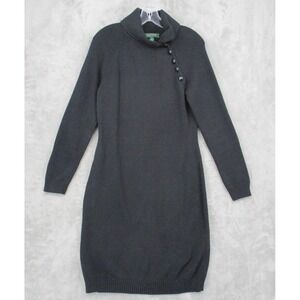 Ralph Lauren LRL Sweater Dress Medium Cowl Neck Button Elbow Patch Chunky Knit